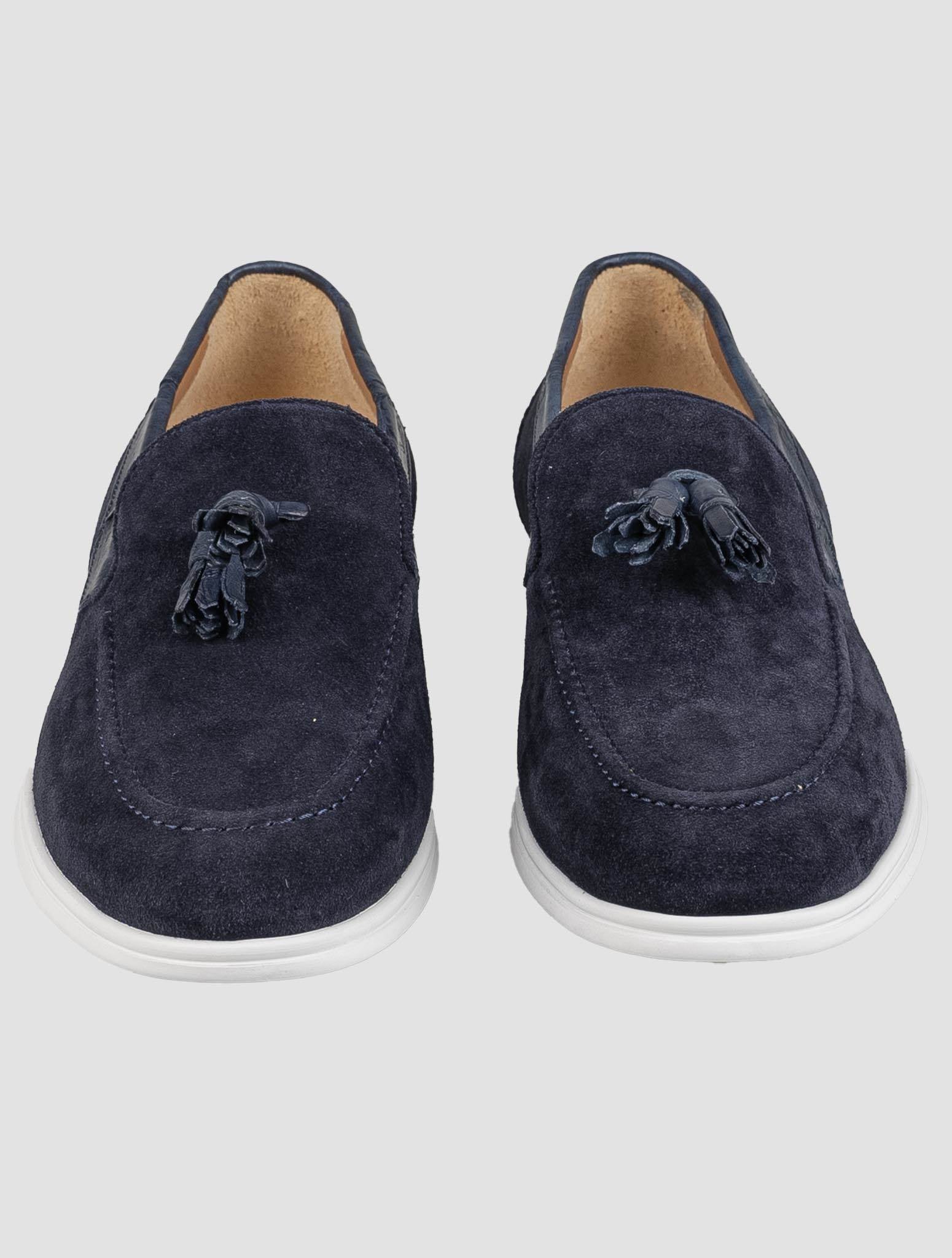 Kiton Blue Leather Crocodile Leather Suede Loafers KSY9