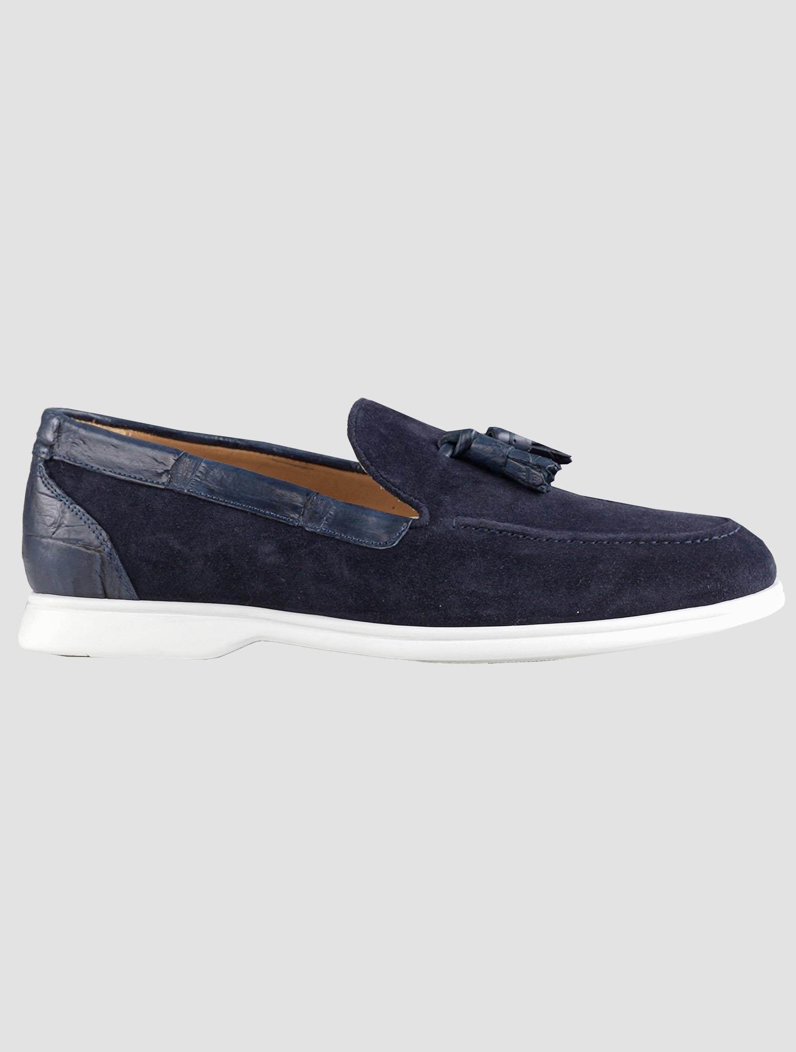 Kiton Blue Leather Crocodile Leather Suede Loafers KSY9