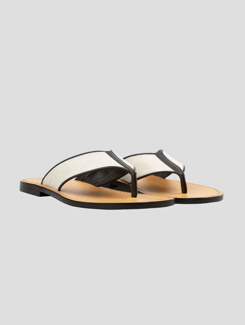Kiton Beige Brown Cotton Leather Slippers