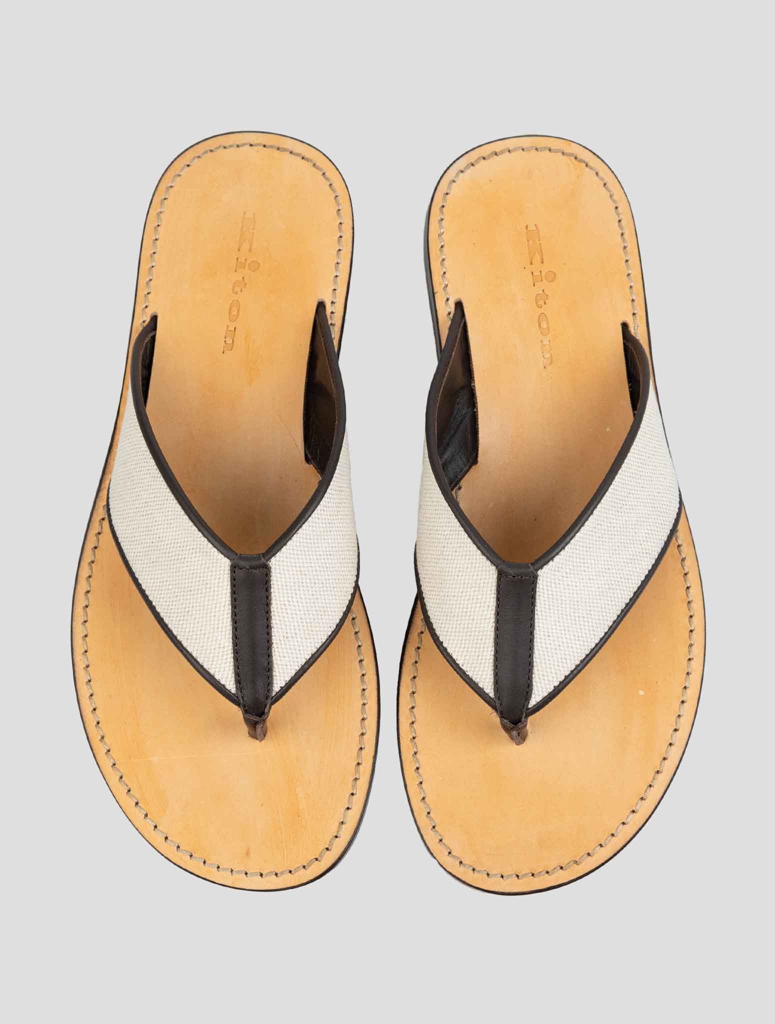 Kiton Beige Brown Cotton Leather Slippers
