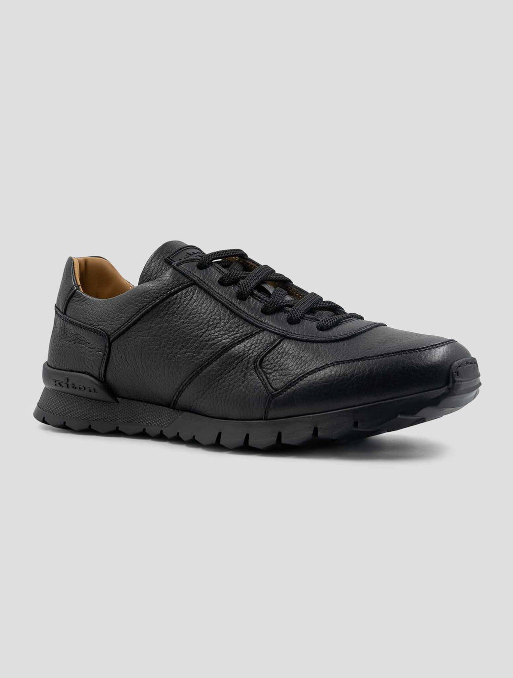 Kiton Black Leather Deer Shearling Fur Sneakers