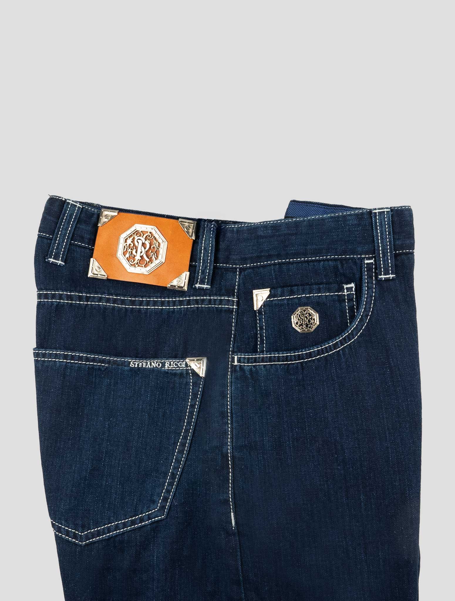 Stefano Ricci Blue Cotton Leather Insert Jeans (T015T) - View 3