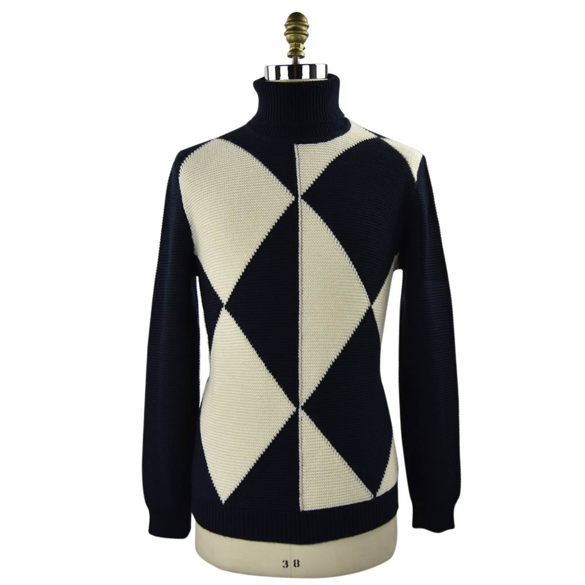 Kiton Blue White Cashmere Geometric ShapesTurtleneck Sweater