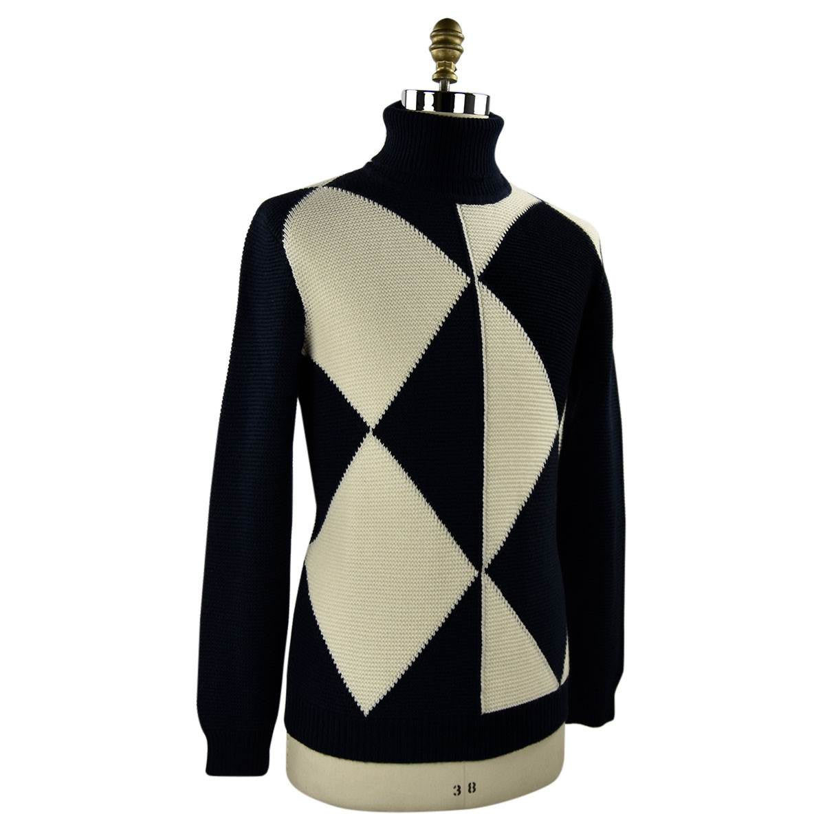 Kiton Blue White Cashmere Geometric ShapesTurtleneck Sweater — view 2