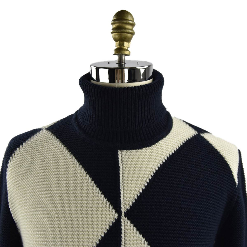 Kiton Blue White Cashmere Geometric ShapesTurtleneck Sweater — view 3