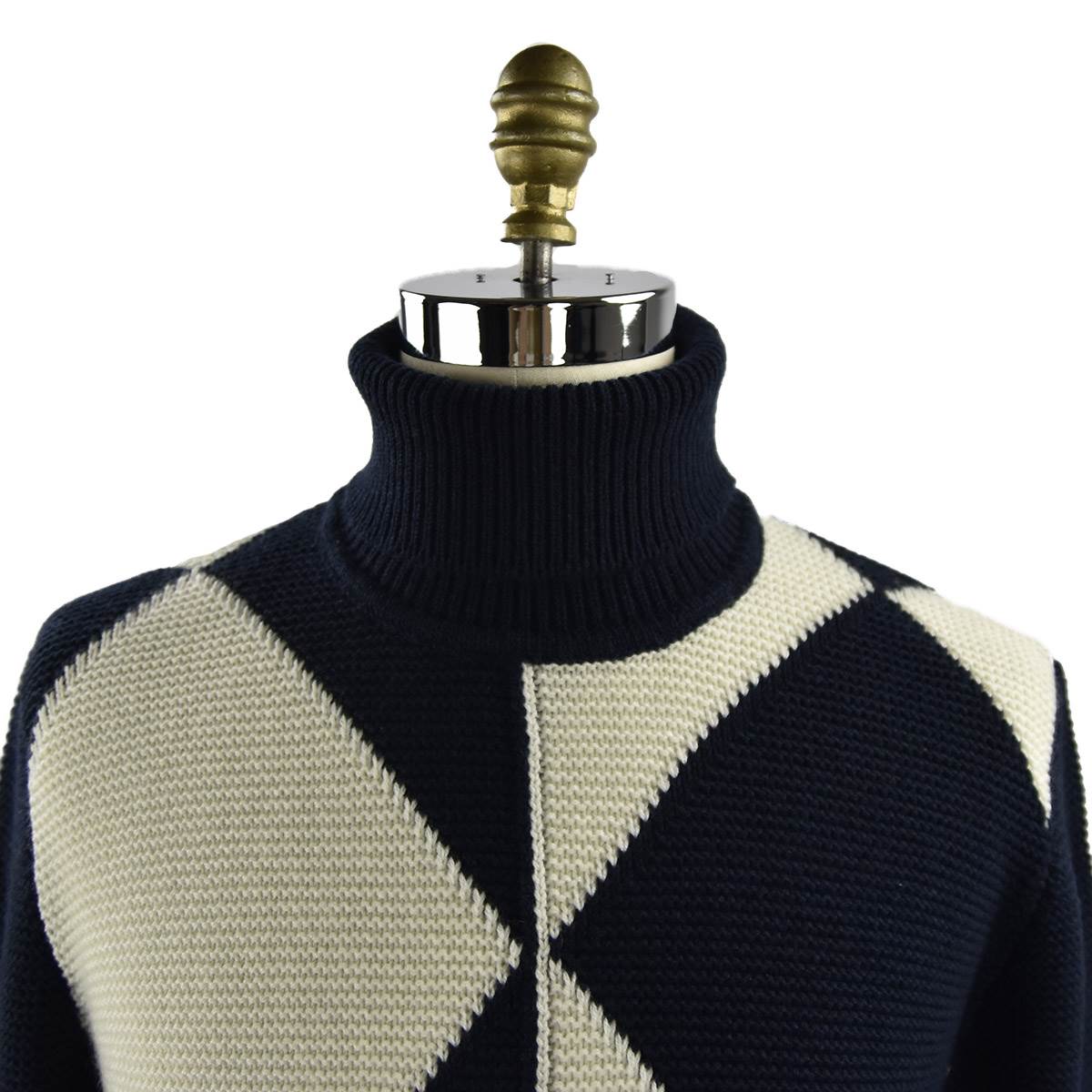 Kiton Blue White Cashmere Geometric ShapesTurtleneck Sweater — view 3