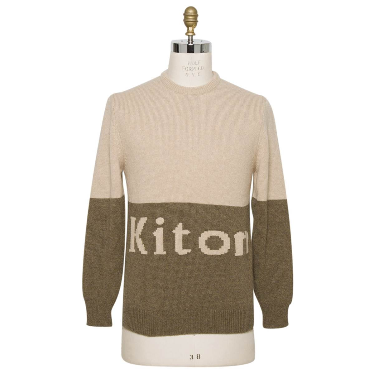 Kiton Beige Green Cashmere Crewneck Sweater