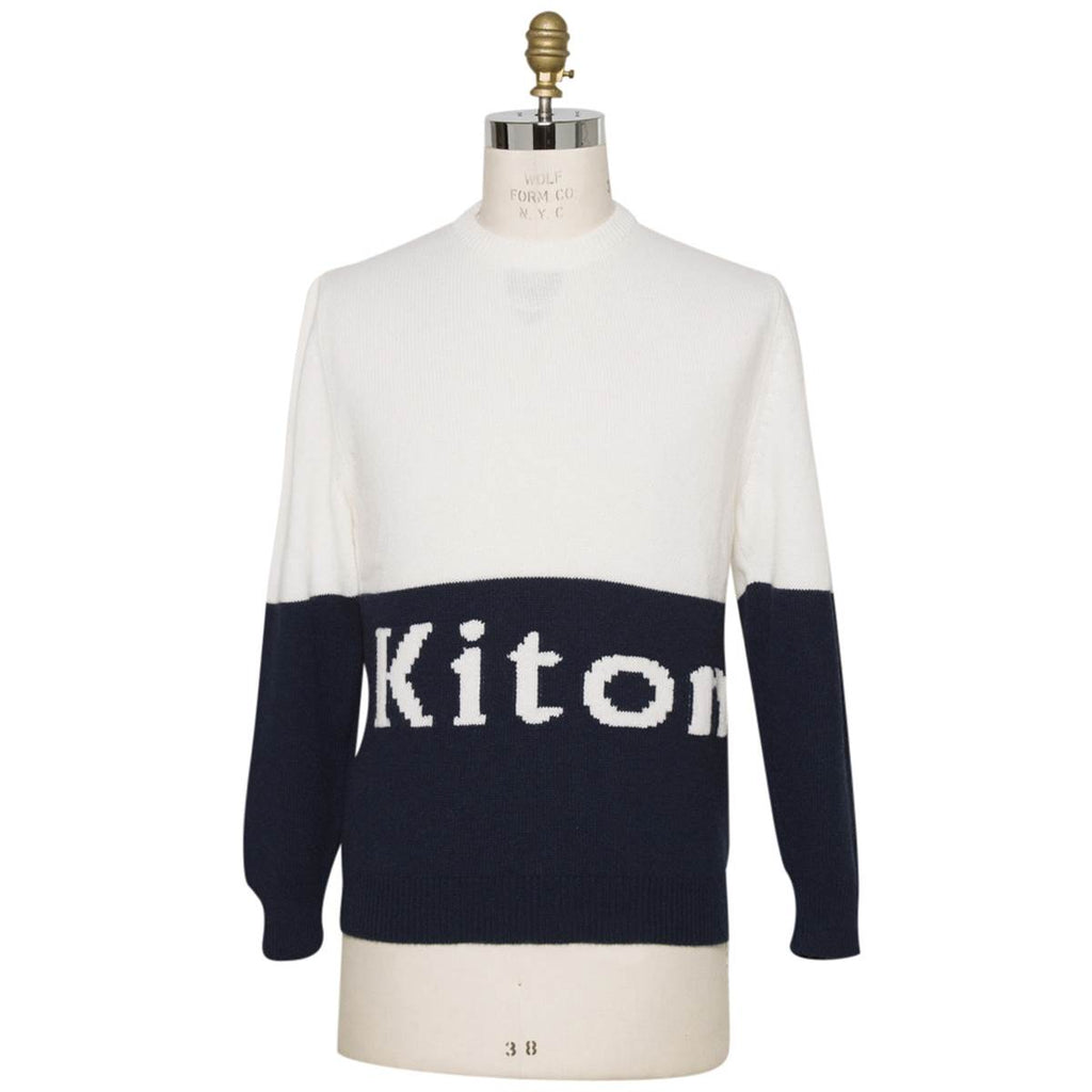 Kiton White Blue Cashmere Crewneck Sweater
