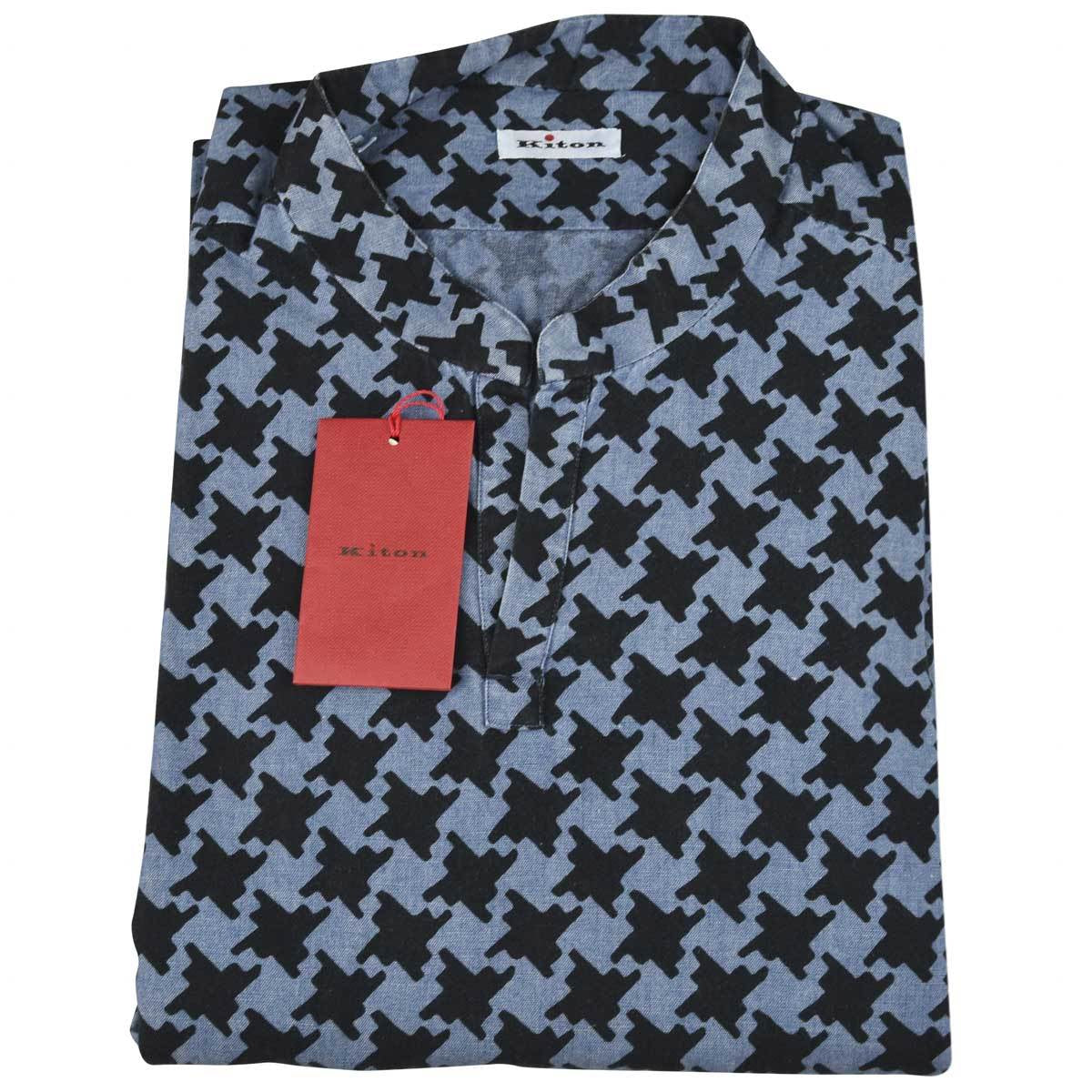 Kiton Blue Black Cotton Corean Shirt