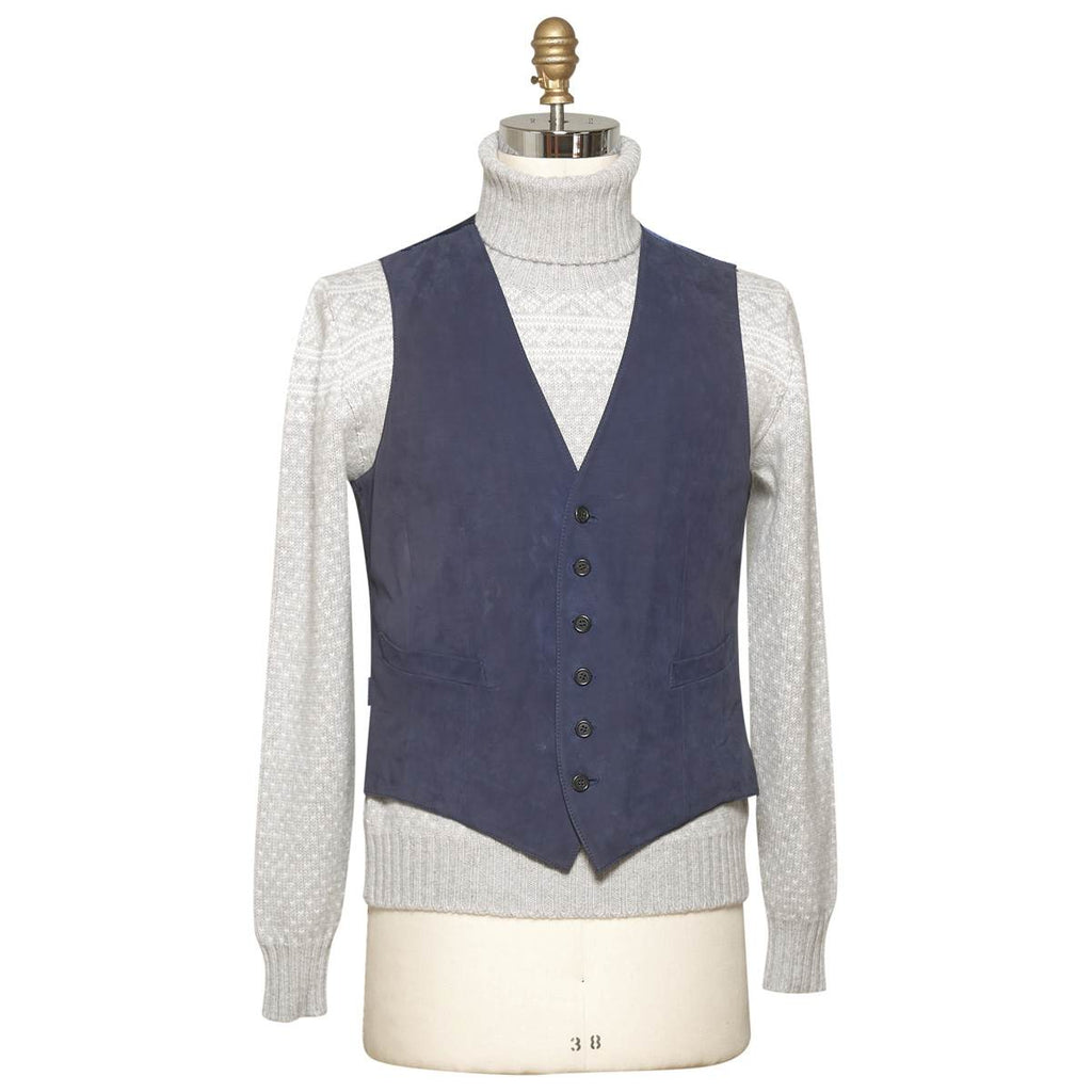 Kiton Blue Leather Calfskin Vest Blue