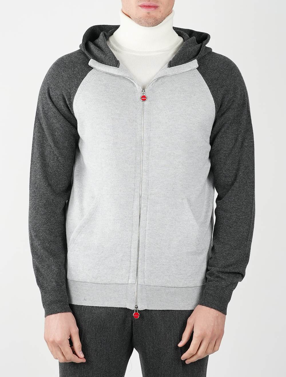 Kiton Light Gray Dark Gray Cashmere Hoody Full Zip - view 17