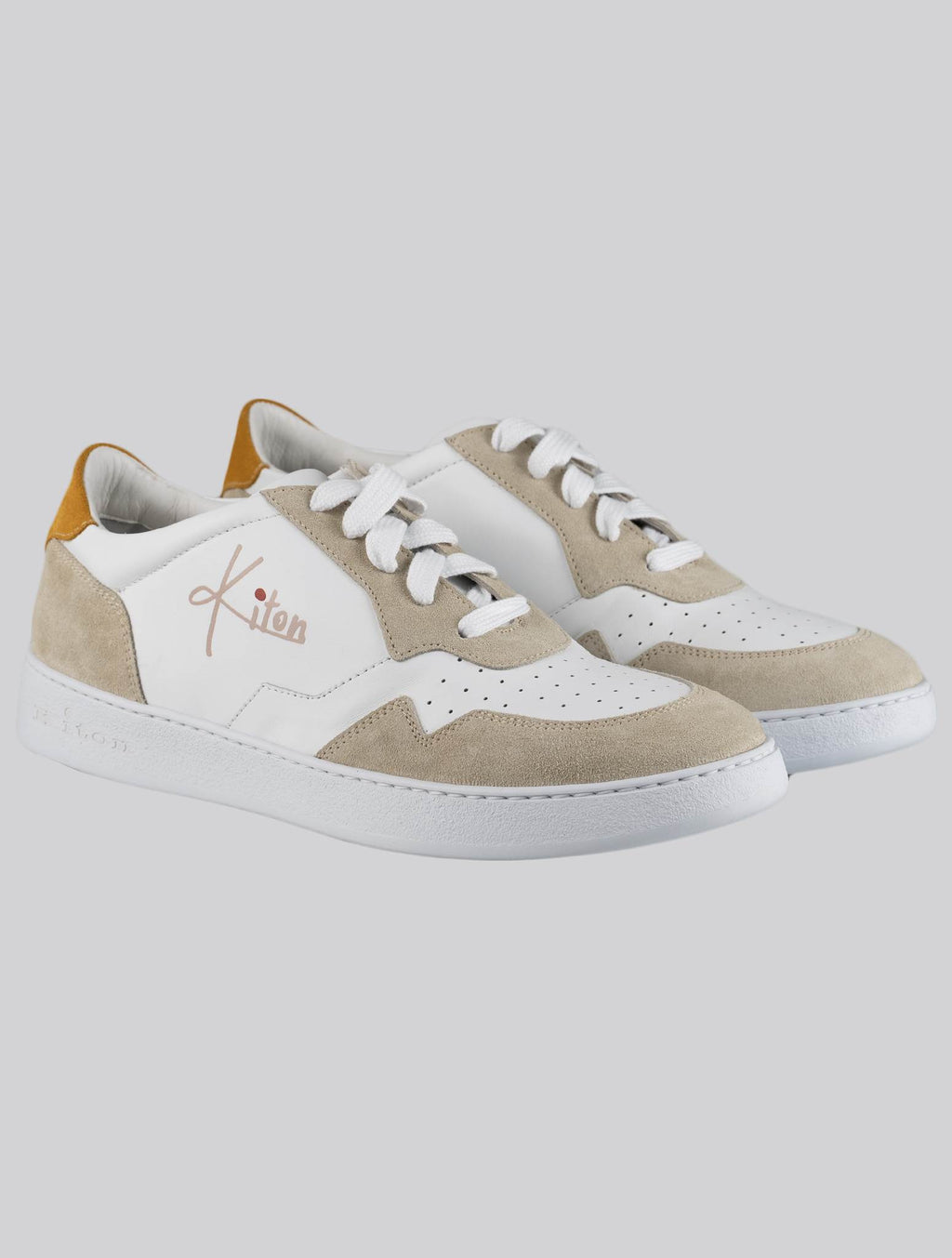 Kiton White Beige Leather Suede Sneakers USSA069