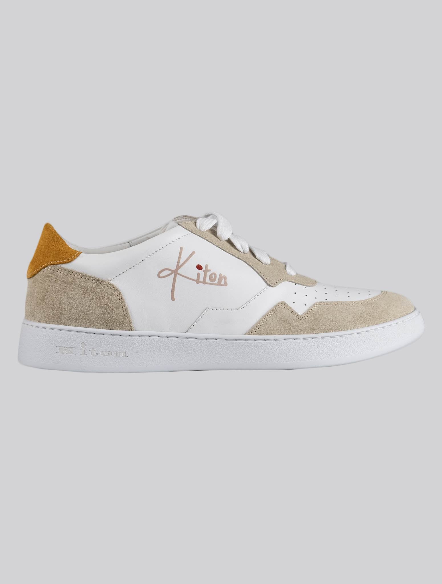 Kiton White Beige Leather Suede Sneakers USSA069