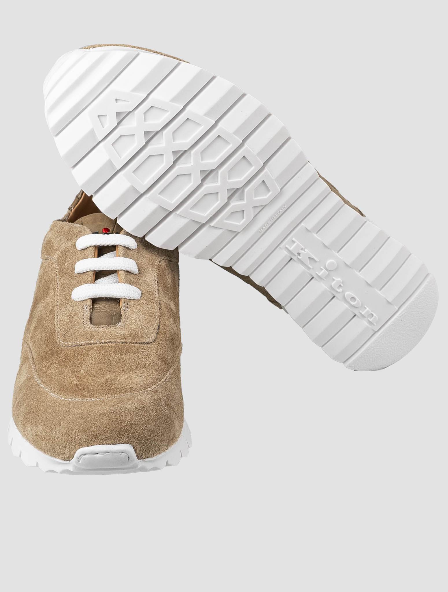 Kiton Beige Leather Crocodile Leather Suede Sneakers