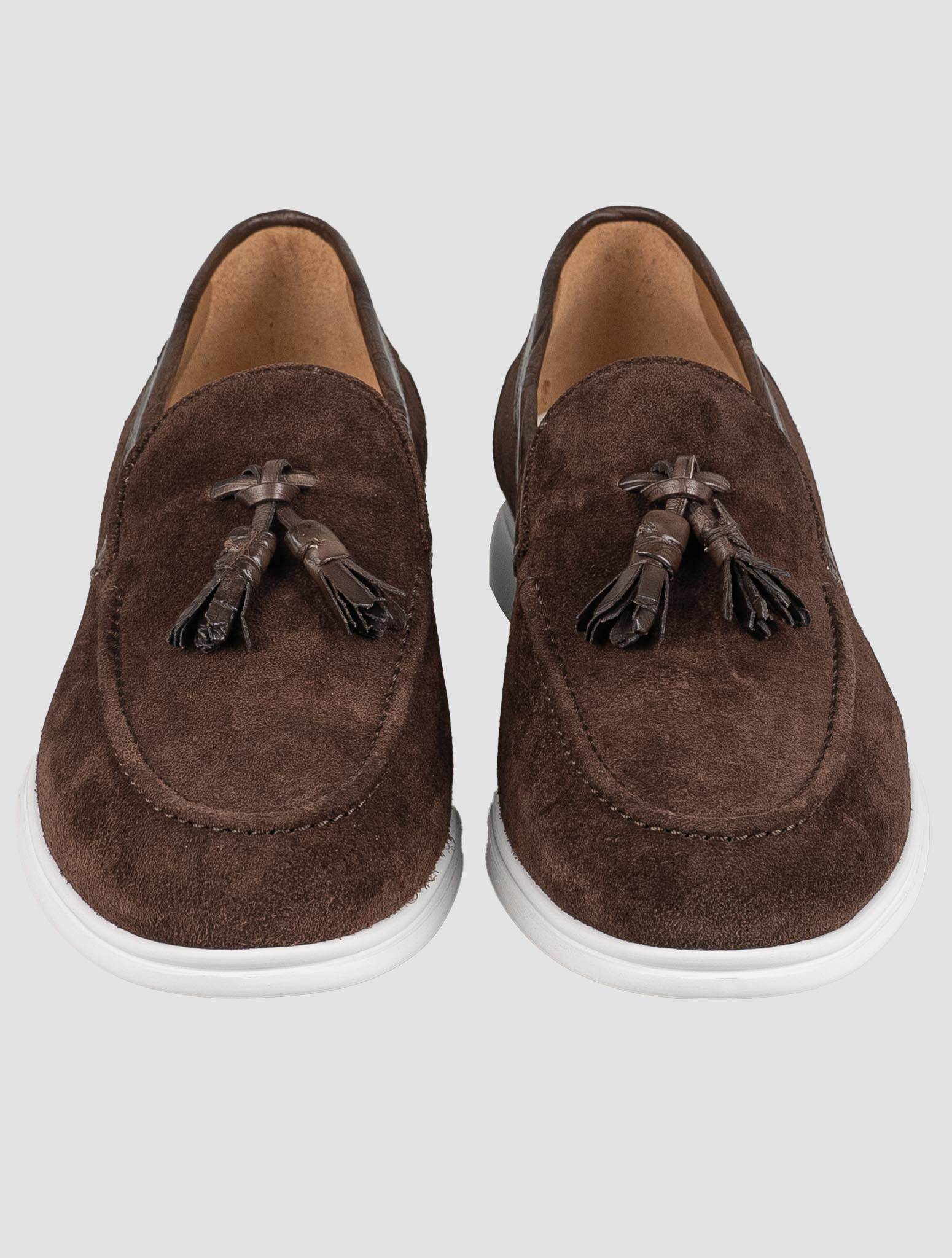 Kiton Brown Leather Crocodile Leather Suede Loafers