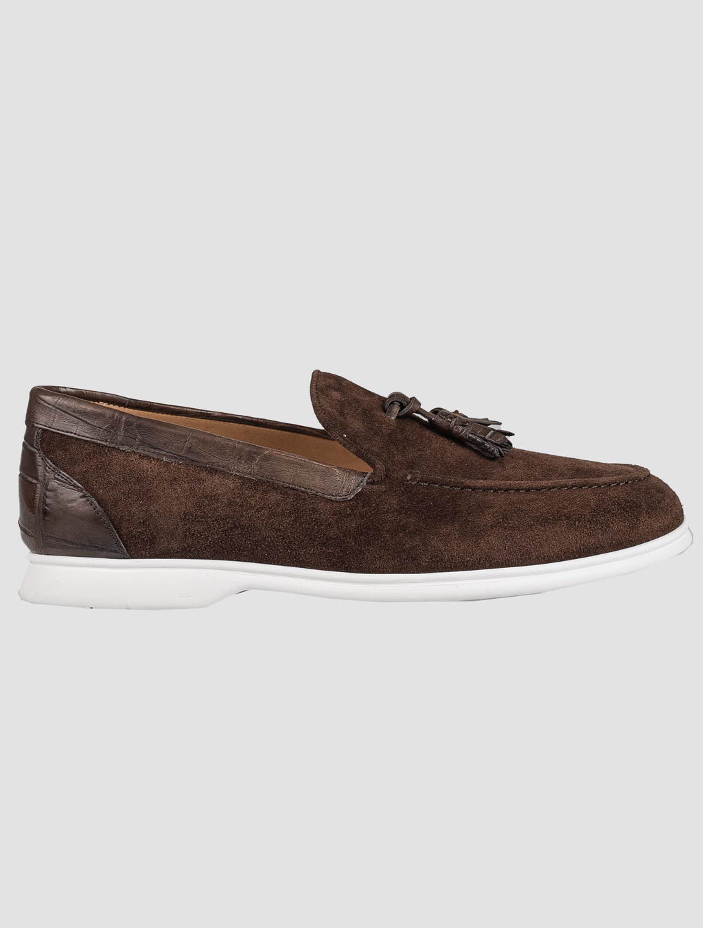 Kiton Brown Leather Crocodile Leather Suede Loafers