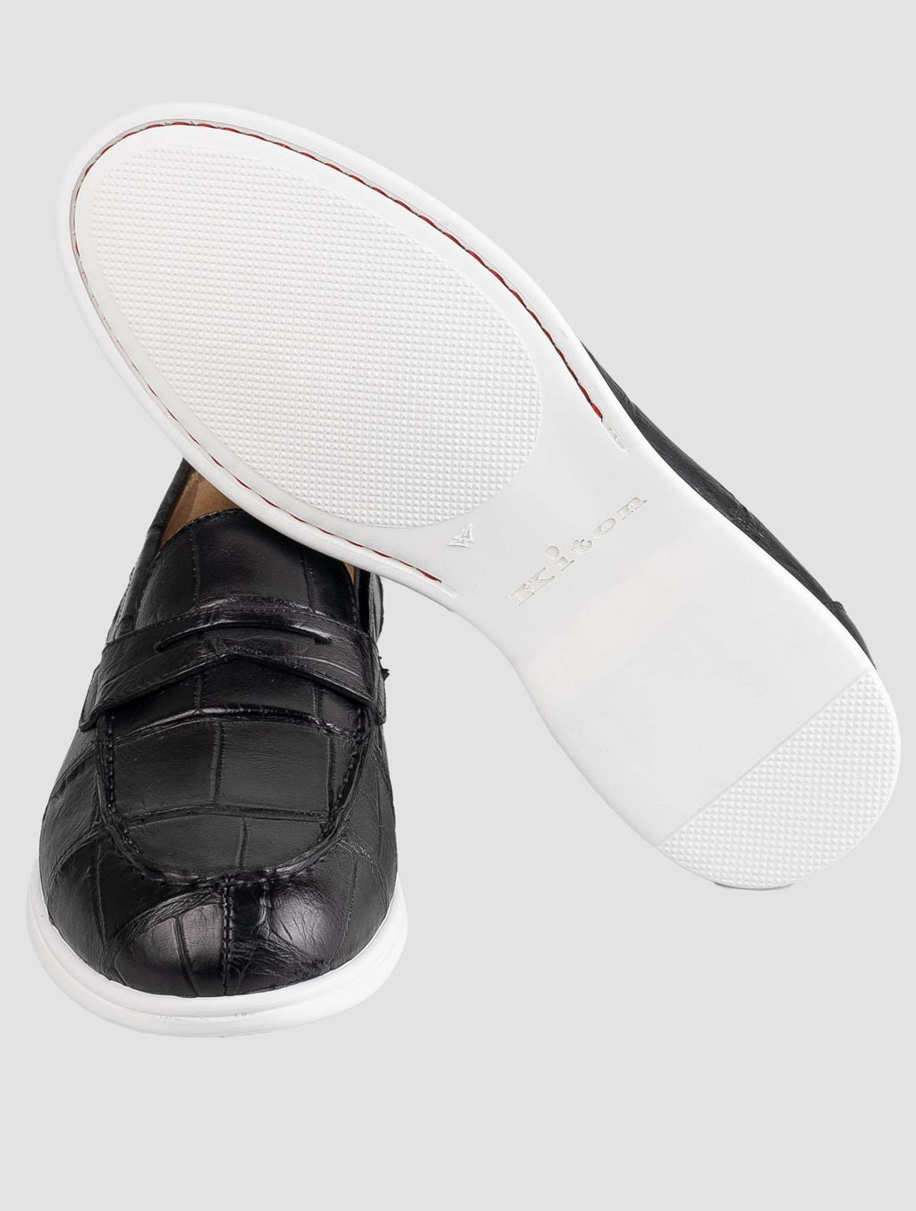 Kiton Black Leather Crocodile Loafers