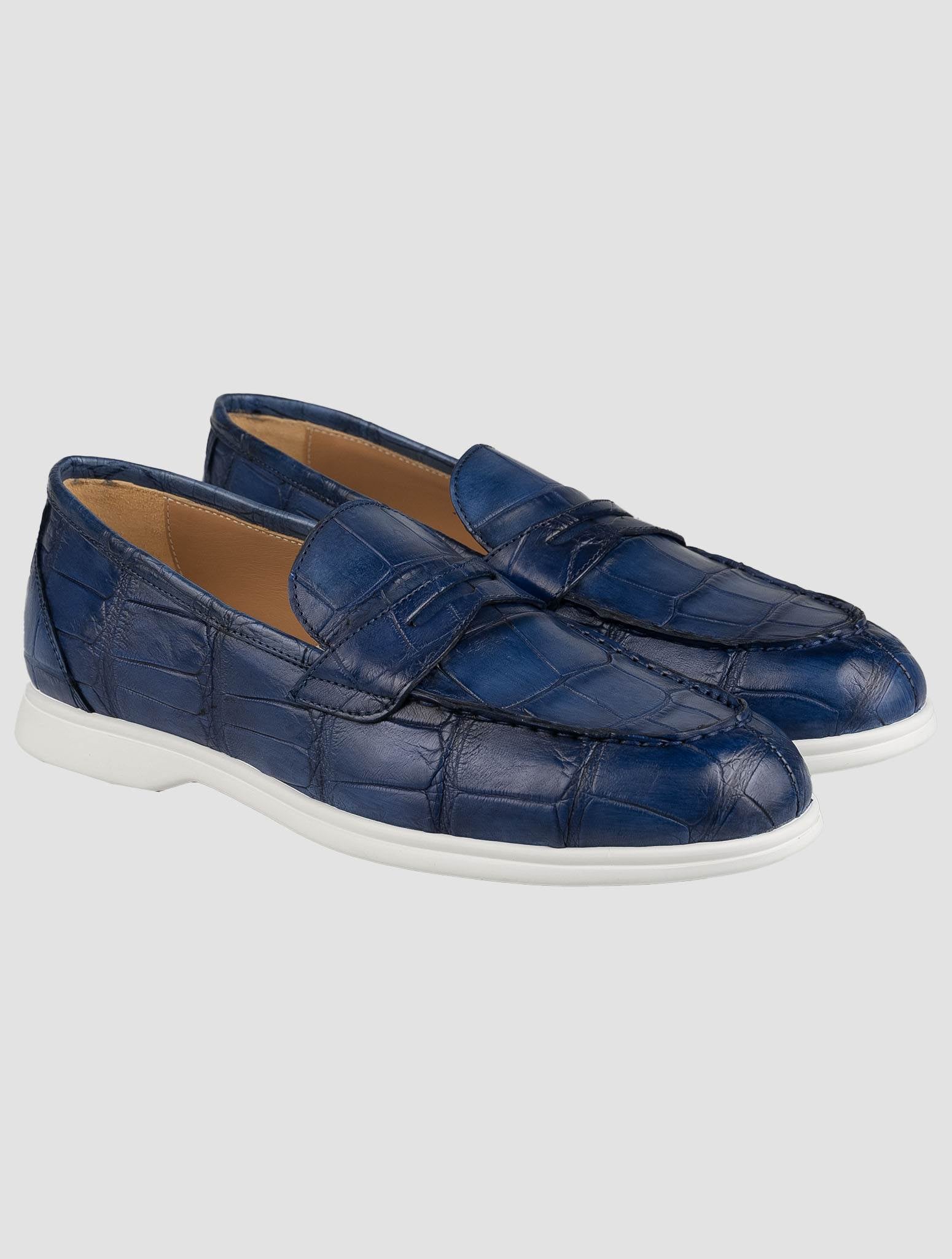 Kiton Blue Leather Crocodile Loafers