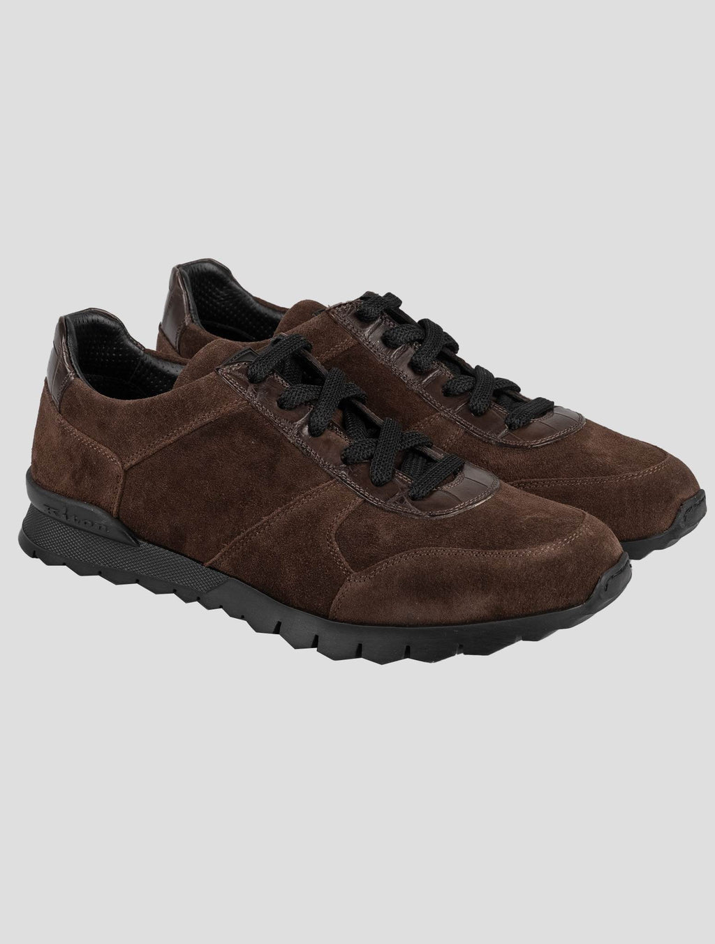 Kiton Brown Leather Crocodile Leather Suede Sneakers