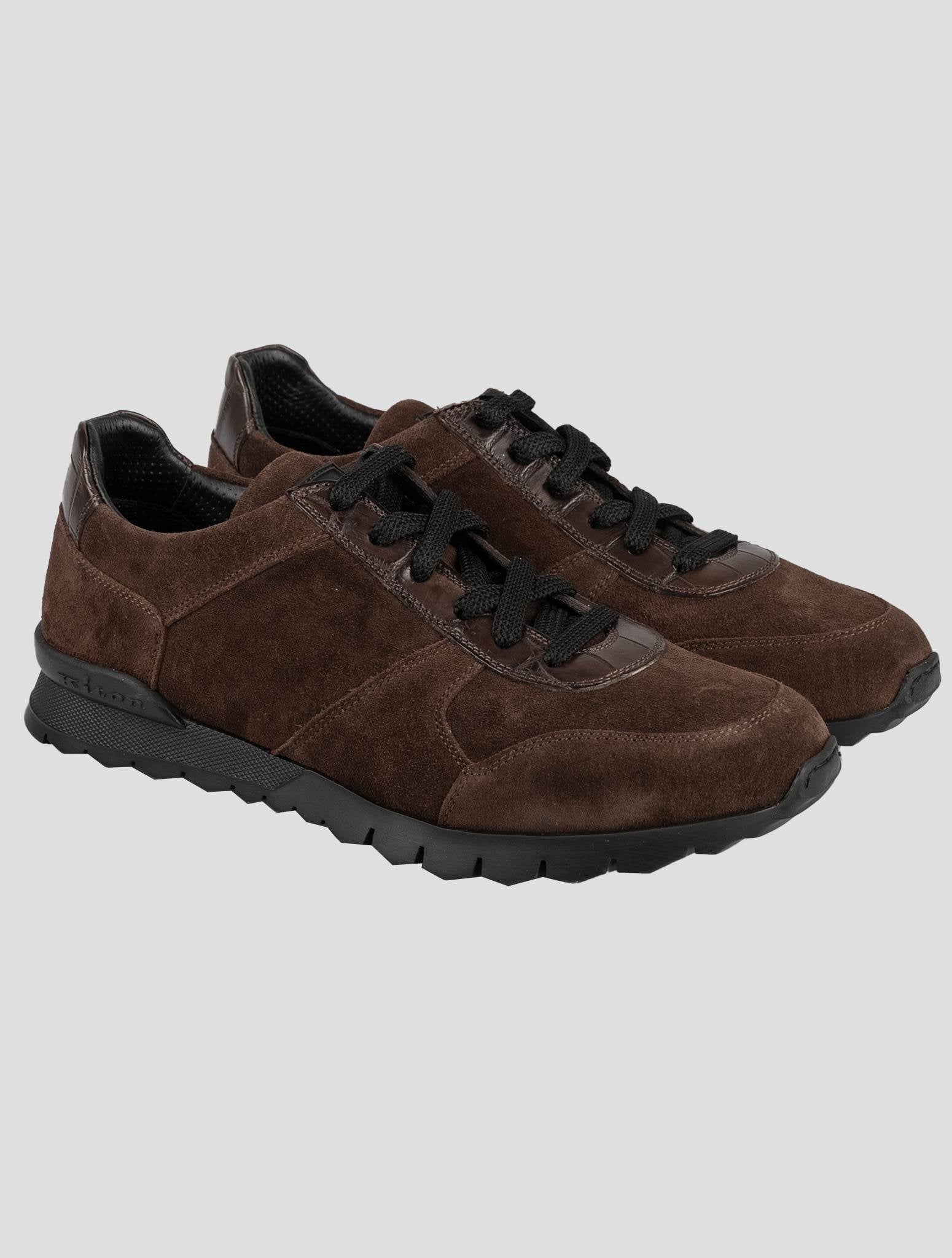 Kiton Brown Leather Crocodile Leather Suede Sneakers
