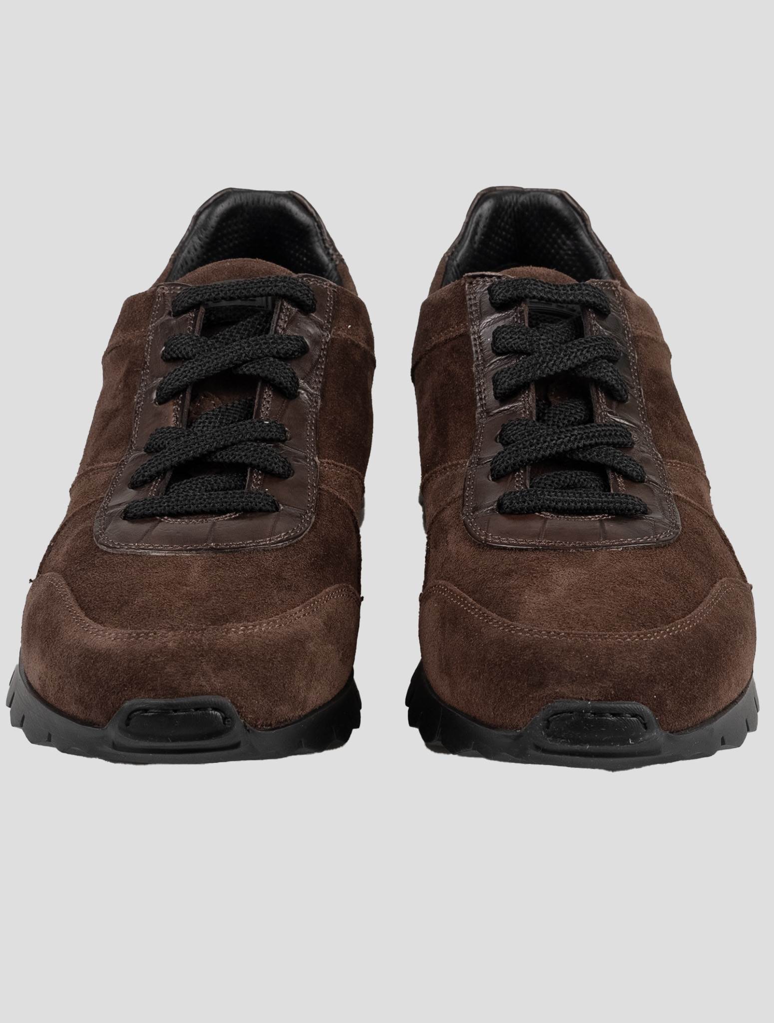 Kiton Brown Leather Crocodile Leather Suede Sneakers