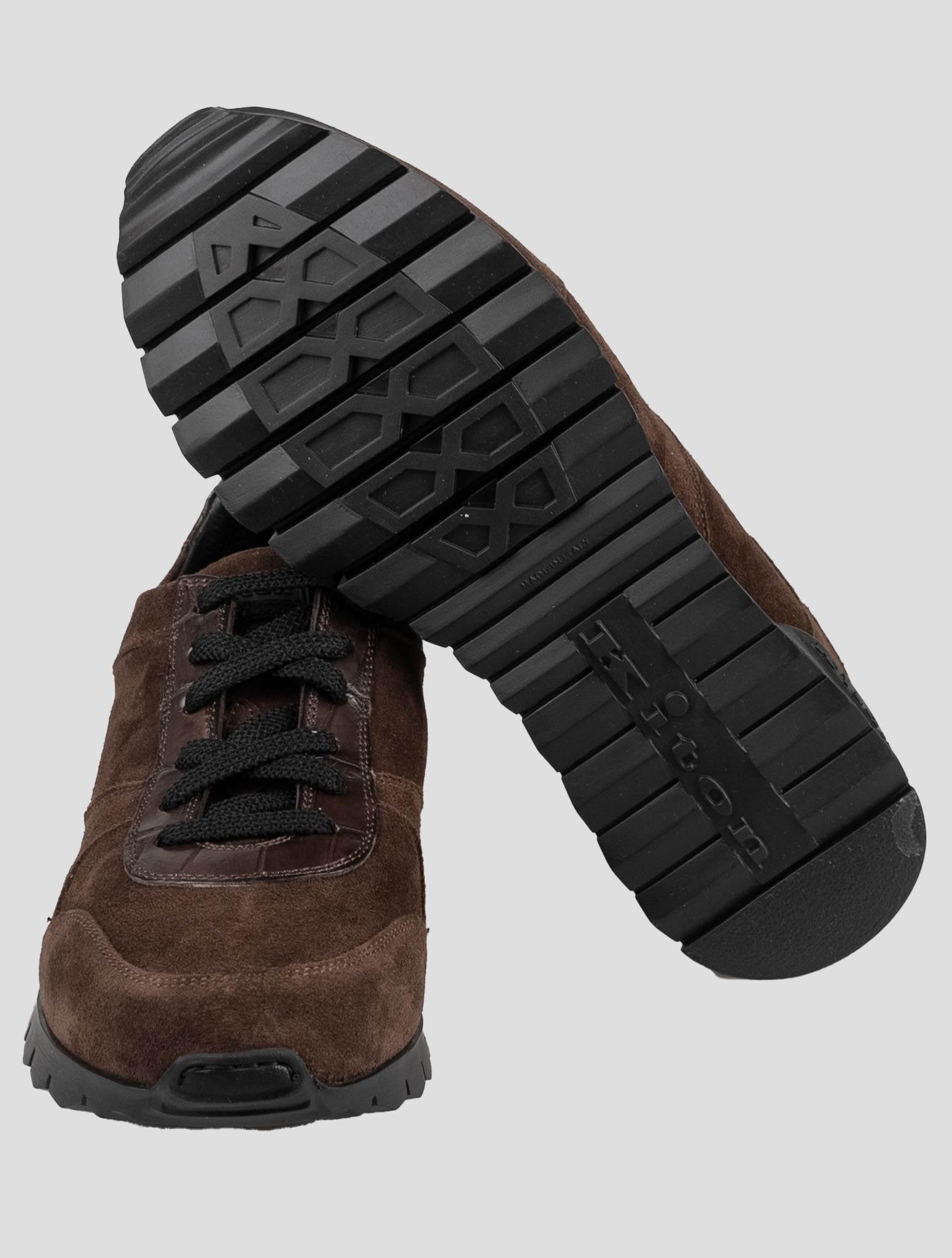 Kiton Brown Leather Crocodile Leather Suede Sneakers