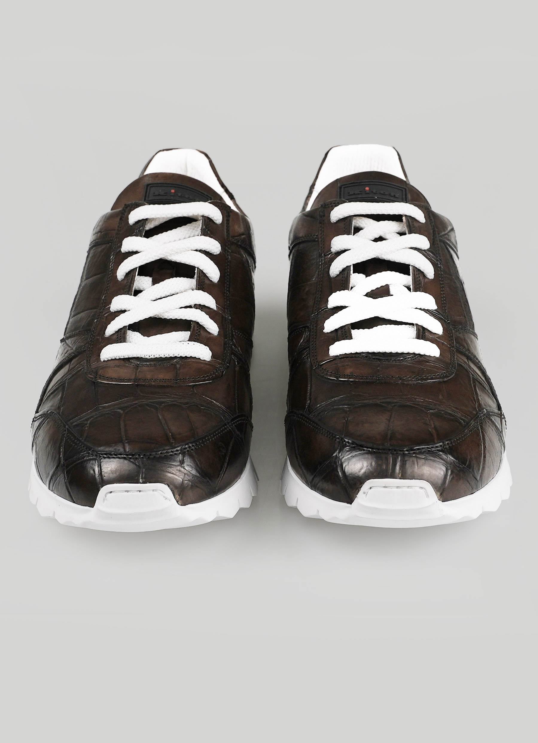 Kiton Dark Brown Leather Crocodile Sneakers