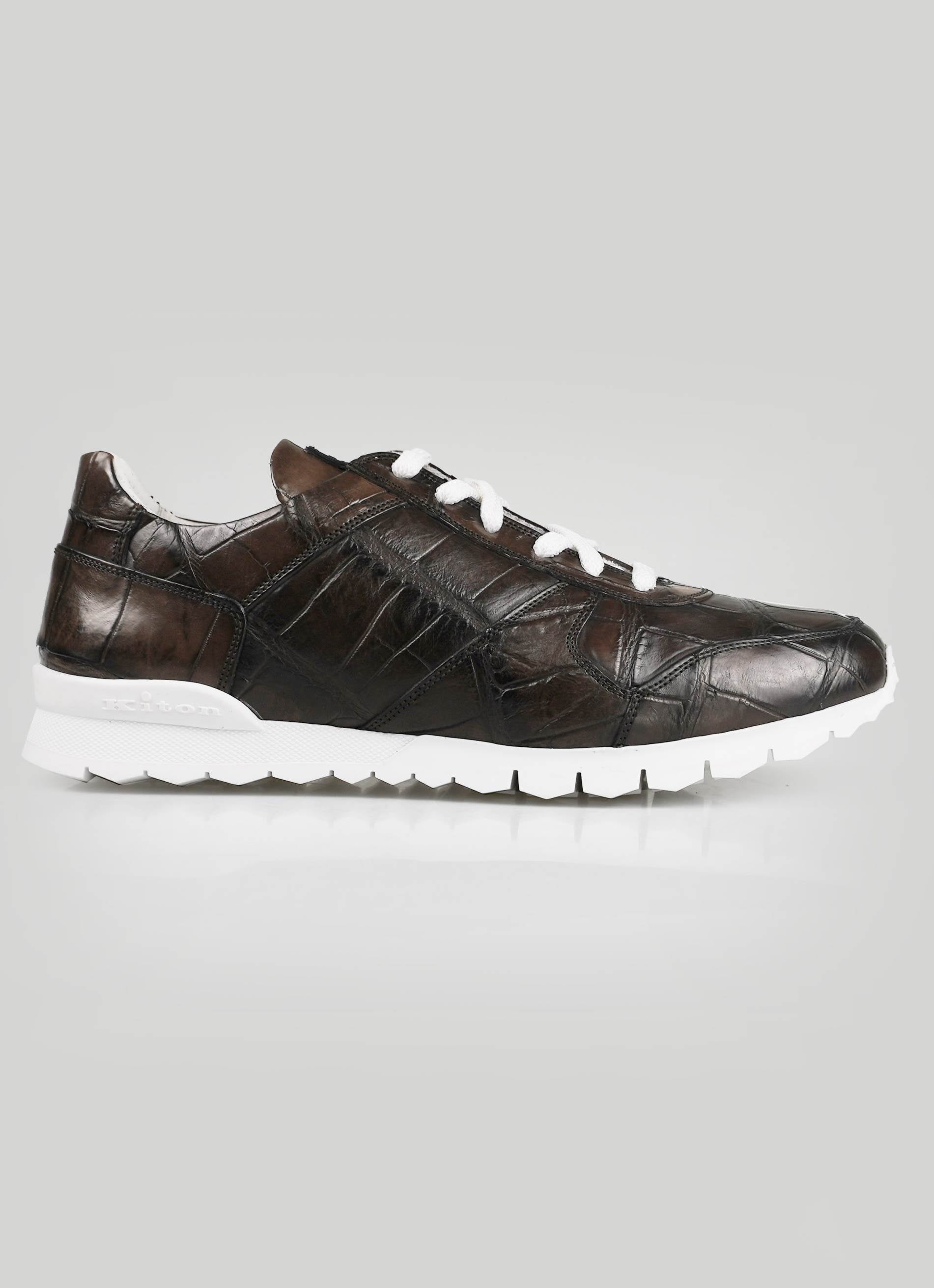 Kiton Dark Brown Leather Crocodile Sneakers