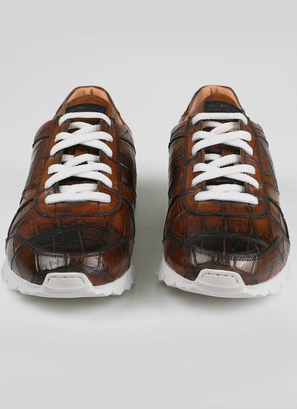 Kiton Brown Leather Crocodile Fur Sheepskin Sneakers