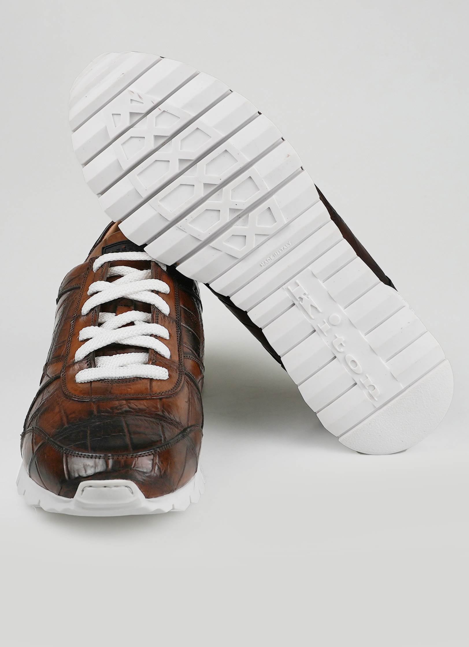 Kiton Brown Leather Crocodile Fur Sheepskin Sneakers