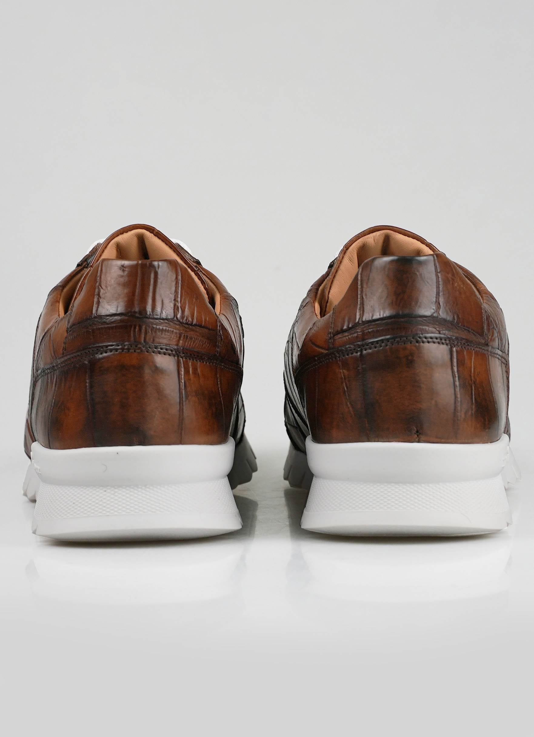 Kiton Brown Leather Crocodile Fur Sheepskin Sneakers