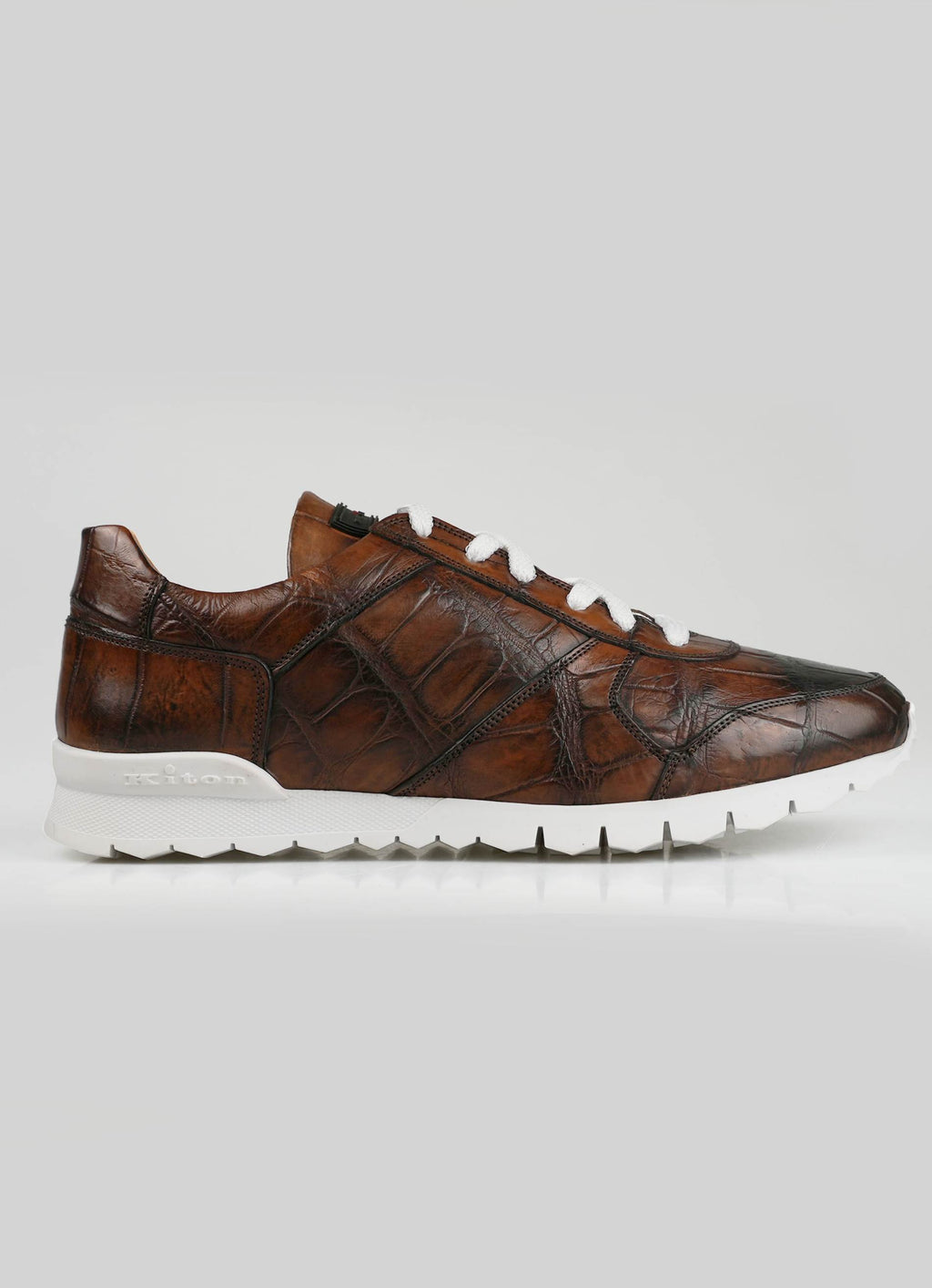 Kiton Brown Leather Crocodile Fur Sheepskin Sneakers