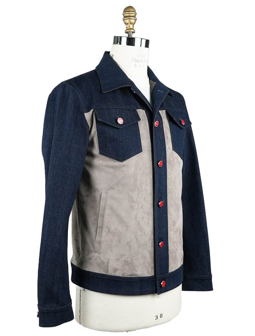 Kiton Blue Beige Cotton Ea Leather Denim Suede Coat - view 2