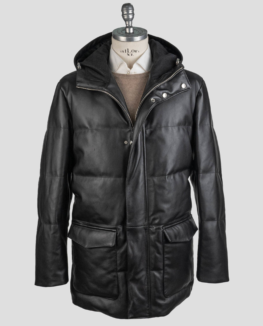 Kiton Black Leather Vicuna Perù Coat
