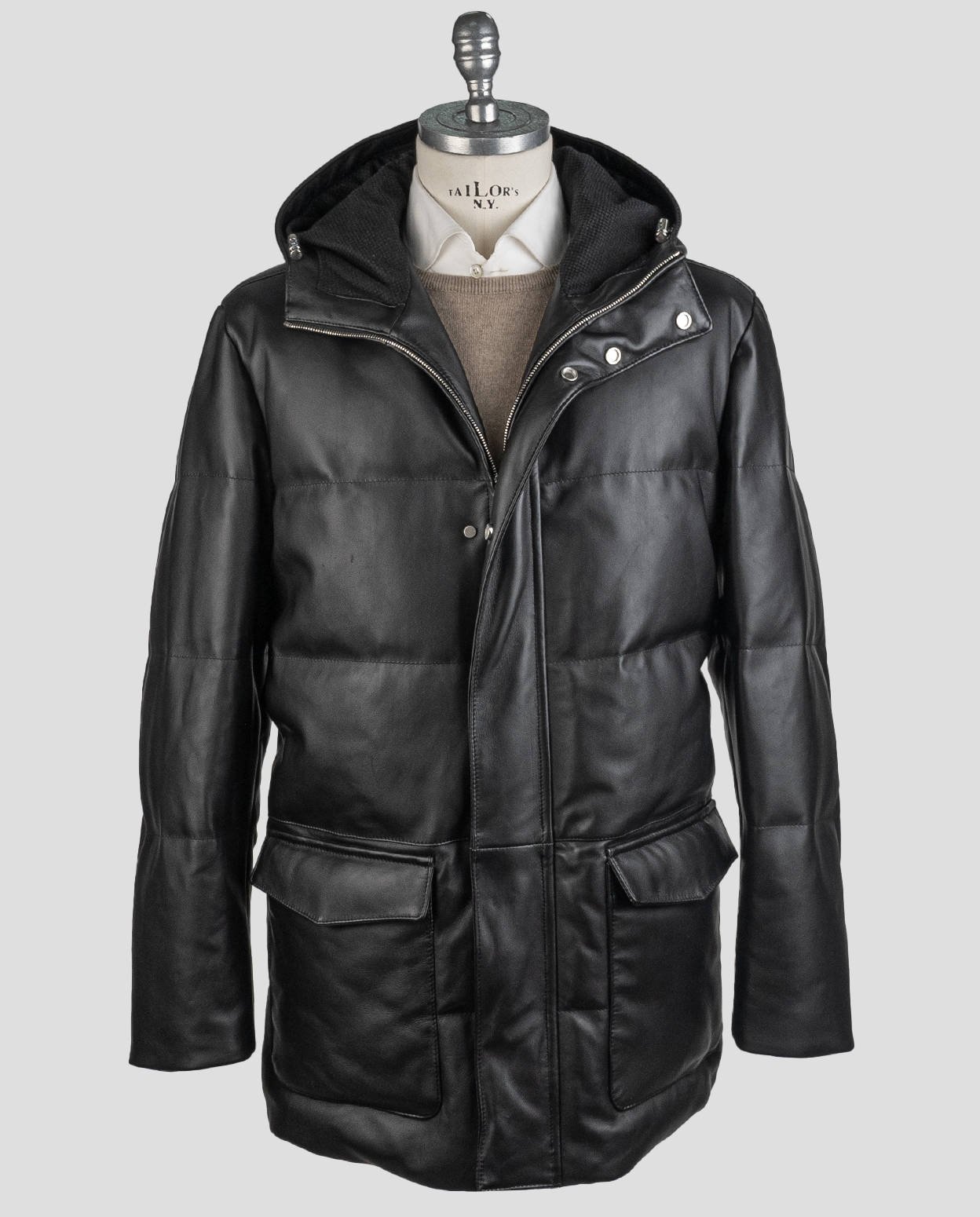 Kiton Black Leather Vicuna Perù Coat